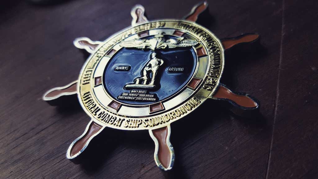 Navy Chief Challenge Coin design front image showing the navy supply keys and all the navy chief ranks